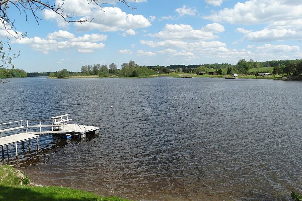 Small floating pontoon and walkway on a lake